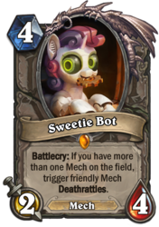 Size: 400x569 | Tagged: safe, artist:cannibalus, sweetie belle, pony, robot, unicorn, g4, card, crossover, female, filly, hearthstone, legendary, solo, sweetie bot, trading card, trading card game, warcraft