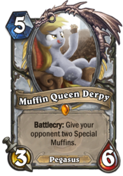 Size: 400x569 | Tagged: safe, artist:cannibalus, derpy hooves, pegasus, pony, g4, card, crossover, female, food, hearthstone, legendary, muffin, muffin queen, priest, solo, trading card, trading card game, warcraft