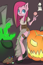 Size: 2000x3000 | Tagged: safe, artist:skune, pinkie pie, earth pony, anthro, unguligrade anthro, g4, clothes, dress, female, halloween, high res, hooves, pinkamena diane pie, side slit, solo