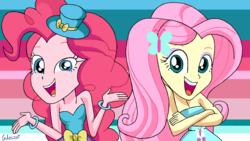 Size: 1280x720 | Tagged: safe, artist:leone di cielo, fluttershy, pinkie pie, equestria girls, g4, bare shoulders, bracelet, canterlot high, fall formal, fall formal outfits, hat, jewelry, looking at you, sleeveless, smiling, strapless, top hat