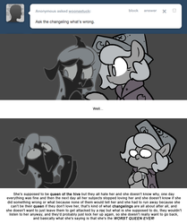 Size: 666x795 | Tagged: safe, artist:egophiliac, princess luna, oc, oc:imogen, changeling, changeling queen, moonstuck, g4, cartographer's cap, changeling queen oc, female, filly, grayscale, hat, marauder's mantle, monochrome, text, wall of text, watch, woona, woonoggles, wristwatch, younger