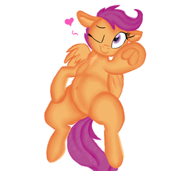 Size: 1280x1280 | Tagged: safe, artist:dimfann, artist:jbond, color edit, edit, scootaloo, pegasus, pony, g4, belly button, colored, cute, cutealoo, female, filly, floppy ears, foal, heart, imminent belly rub, one eye closed, painting, simple background, solo, underhoof, white background, wink