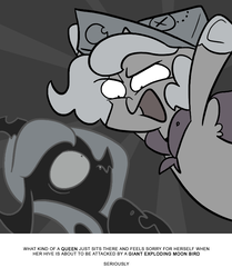 Size: 666x795 | Tagged: safe, artist:egophiliac, princess luna, oc, oc:imogen, changeling, changeling queen, moonstuck, g4, cartographer's cap, changeling queen oc, female, filly, grayscale, hat, marauder's mantle, monochrome, screaming, scrunchy face, woona, woonoggles, younger