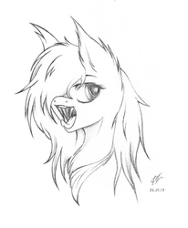 Size: 1372x1663 | Tagged: safe, artist:azerta56, oc, oc only, oc:seraphine night, pony, black and white, eye, grayscale, keffiyeh, mawshot, monochrome, open mouth, sketch, solo, teeth, tongue out, traditional art