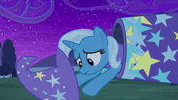 Size: 1280x720 | Tagged: safe, screencap, trixie, pony, g4, no second prances, clothes, female, hat, mare, moonshot manticore mouth dive, solo, trixie's cannon, trixie's hat