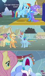 Size: 1280x2168 | Tagged: safe, edit, edited screencap, screencap, applejack, cherry berry, dizzy twister, fluttershy, lyra heartstrings, orange swirl, rainbow dash, trixie, pegasus, pony, unicorn, boast busters, g4, tanks for the memories, cape, caption, clothes, cloud, crying, female, hat, literal butthurt, mare, nose in the air, pain, screencap comic, stormcloud, trixie's cape, trixie's hat, volumetric mouth