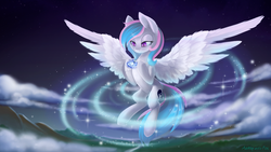 Size: 4961x2792 | Tagged: safe, artist:arctic-fox, oc, oc only, oc:starburn, pegasus, pony, belly, colored pupils, ear fluff, female, floating, flying, high res, jewelry, large wings, macro, magic, mare, necklace, night, night sky, patreon, patreon logo, solo, spread wings, stars, wing fluff, wings