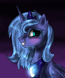 Size: 791x957 | Tagged: safe, artist:not-ordinary-pony, princess luna, alicorn, pony, g4, blushing, bust, cheek fluff, chest fluff, crown, cute, ear fluff, female, glowing, grin, horn, jewelry, looking back, lunabetes, mare, portrait, profile, regalia, s1 luna, simple background, smiling, solo, tiara