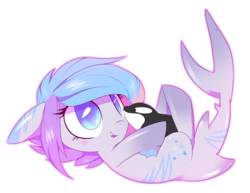 Size: 3436x2648 | Tagged: safe, artist:sorasku, oc, oc only, oc:nimune, orca, original species, shark pony, blushing, colored pupils, cute, female, high res, mare, on back, plushie, simple background, solo, transparent background