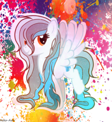 Size: 3331x3627 | Tagged: safe, artist:asika-aida, oc, oc only, oc:wavy wings, pegasus, pony, colored background, commission, female, high res, long mane, mare, raised leg, smiling, solo, spread wings