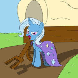 Size: 3000x3000 | Tagged: safe, artist:rougueone, trixie, pony, unicorn, g4, cape, clothes, female, high res, implied starlight glimmer, mare, open mouth, solo, story included, trixie's cape, wagon