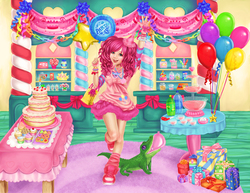 Size: 4628x3579 | Tagged: safe, artist:iluphi, gummy, pinkie pie, human, g4, absurd resolution, balloon, cake, clothes, cute, food, happy, humanized, party, punch (drink), punch bowl, shoes, skirt, sneakers, socks