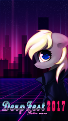 Size: 1085x1934 | Tagged: safe, artist:inowiseei, derpy hooves, pegasus, pony, g4, alternate eye color, building, clothes, derpfest, female, jacket, mare, neon, poster, retrowave, solo