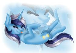 Size: 1024x719 | Tagged: safe, artist:fireheartsk, minuette, pony, g4, eyes closed, female, on back, solo, tongue out, zoom layer