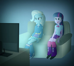 Size: 1024x910 | Tagged: safe, artist:drawingaccount, trixie, twilight sparkle, equestria girls, g4, boots, clothes, couch, high heel boots, high heels, hoodie, jacket, leg warmers, pleated skirt, shoes, skirt, television