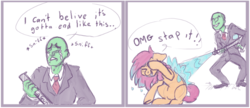 Size: 776x335 | Tagged: safe, artist:purple-blep, scootaloo, oc, oc:anon, human, pegasus, pony, g4, 4chan, bait and switch, comic, covering face, crying, cute, cutealoo, dialogue, eyes closed, female, filly, floppy ears, frown, grin, gritted teeth, male, mare, older, onomatopoeia, playing, raised hoof, scootalove, simple background, sketch, smiling, smirk, sound effects, speech bubble, stahp, underhoof, watergun, wet, wet mane, white background, wingless