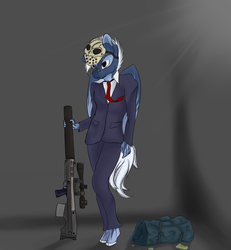Size: 1456x1576 | Tagged: safe, artist:syntiset, oc, oc only, oc:ginny, pegasus, anthro, unguligrade anthro, anthro oc, clothes, gun, mask, money, money bag, necktie, payday, rifle, solo, suit, vssk «exhaust», weapon