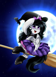 Size: 2550x3509 | Tagged: safe, artist:pridark, oc, oc only, alicorn, pony, alicorn oc, broom, clothes, dress, flying, flying broomstick, hat, high res, moon, night, solo, stars, witch, witch hat
