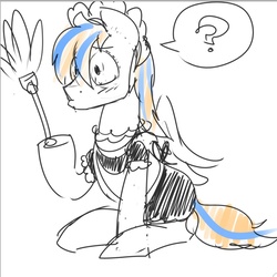 Size: 752x753 | Tagged: safe, artist:strangerdanger, oc, oc only, oc:cold front, pegasus, pony, clothes, confused, crossdressing, dress, duster, maid, male, monochrome, partial color, simple background, sketch, solo, stallion, white background