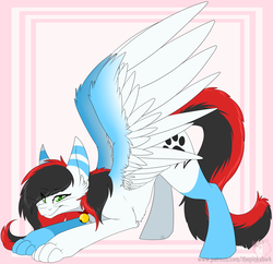 Size: 1280x1240 | Tagged: safe, artist:pinktabico, oc, oc only, oc:soulycat, cat pony, hybrid, original species, pegasus, pony, commission, female, looking at you, mare, paws, smiling, solo, spread wings