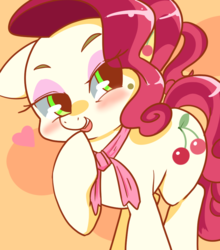 Size: 800x910 | Tagged: safe, artist:monon0, cherry jubilee, pony, g4, blushing, eyes closed, female, heart, lidded eyes, open mouth, raised hoof, smiling, solo