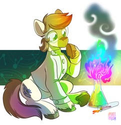 Size: 894x925 | Tagged: safe, artist:pixel-prism, oc, oc only, oc:calpain, pony, equestria daily, chemistry, clothes, fire, goggles, lab coat, science, solo