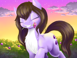 Size: 1024x768 | Tagged: safe, artist:faline-art, oc, oc only, pony, chest fluff, eyes closed, female, flower, grin, mare, smiling, solo, sunset