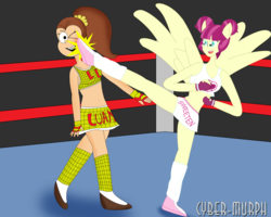 Size: 2408x1924 | Tagged: safe, artist:cyber-murph, majorette, sweeten sour, equestria girls, g4, my little pony equestria girls: friendship games, belly button, clothes, commission, crossover, exeron fighters, exeron gloves, fight, fighting stance, kicking, leg warmers, luan loud, midriff, ponied up, quality, shoes, skirt, skirt lift, socks, sports bra, sweeten kick, the loud house