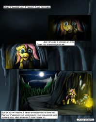 Size: 1935x2449 | Tagged: safe, artist:jamescorck, commander hurricane, fluttershy, private pansy, rainbow dash, comic:i will never leave you, g4, bandage, cave, comic, flag, history, night