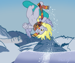 Size: 3840x3248 | Tagged: safe, artist:hideki4, derpy hooves, pegasus, pony, g4, clothes, epic derpy, female, high res, mare, scarf, snow, snowboard, snowboarding, solo, underhoof, upside down