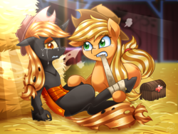 Size: 1500x1125 | Tagged: safe, artist:vavacung, part of a set, applejack, oc, changeling, earth pony, pony, g4, bandage, changeling counterpart series, crying, mouth hold, orange changeling, part of a series, story included