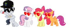Size: 1876x739 | Tagged: safe, apple bloom, rumble, scootaloo, sweetie belle, earth pony, pony, g4, 1000 hours in ms paint, bipedal, bipedal leaning, cute, cutie mark crusaders, hat, heart eyes, leaning, male, new york yankees, rumble gets all the fillies, rumbloom, ship:rumbelle, ship:rumbloo, shipping, simple background, straight, sunglasses, swag, transparent background, wingding eyes