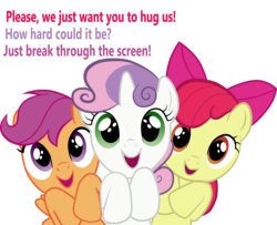 Size: 6711x5455 | Tagged: safe, artist:w1kk3d, apple bloom, scootaloo, sweetie belle, g4, absurd resolution, bronybait, cutie mark crusaders, image macro, looking at you, meme, this will end in tears