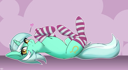 Size: 1920x1056 | Tagged: safe, artist:hardbrony, lyra heartstrings, pony, g4, clothes, female, heart, legs in air, looking at you, on back, socks, solo, striped socks