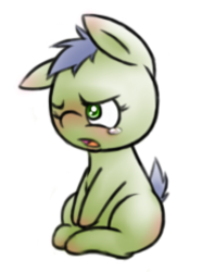 Size: 590x744 | Tagged: safe, artist:ryxingeir, oc, oc only, oc:scotch tape, pony, fallout equestria, fallout equestria: project horizons, blushing, crying, female, filly, solo