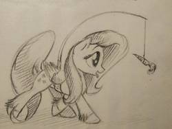 Size: 1040x780 | Tagged: safe, artist:lollipony, fluttershy, pegasus, pony, g4, carrot, carrot on a stick, female, folded wings, food, horses doing horse things, looking at something, mare, monochrome, open mouth, pencil drawing, profile, simple background, solo, traditional art, unshorn fetlocks, walking, white background