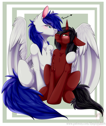 Size: 1280x1526 | Tagged: safe, artist:pinktabico, oc, oc only, pegasus, pony, unicorn, blushing, chest fluff, commission, cute, female, hug, kissing, large wings, looking away, male, mare, nose kiss, oc x oc, shipping, stallion, straight, winghug, wings