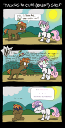 Size: 2264x4408 | Tagged: safe, artist:ultrathehedgetoaster, button mash, sweetie belle, earth pony, pony, robot, robot pony, unicorn, g4, :t, blank flank, blushing, colored sclera, colt, comic, covering face, embarrassed, eyes closed, eyes on the prize, facehoof, female, filly, flailing, flirting, floppy ears, foal, frown, green sclera, heart eyes, high res, hoofy-kicks, hooves, horn, imminent suicide, implied suicide, lidded eyes, lip bite, looking away, male, open mouth, raised hoof, scrunchy face, ship:sweetiemash, shipping, shipping denied, shocked, sitting, smiling, standing, straight, sun, sweetie bot, teeth, text, waving, wavy mouth, wingding eyes