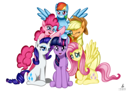 Size: 2900x2100 | Tagged: safe, artist:truffle shine, applejack, fluttershy, pinkie pie, rainbow dash, rarity, twilight sparkle, alicorn, pony, g4, bipedal, cowboy hat, hat, high res, looking at you, mane six, one eye closed, signature, simple background, sitting, smiling, stetson, transparent background, twilight sparkle (alicorn), wink