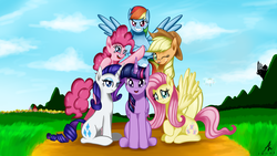 Size: 3840x2160 | Tagged: safe, artist:truffle shine, applejack, fluttershy, pinkie pie, rainbow dash, rarity, twilight sparkle, alicorn, pony, g4, bipedal, canterlot, cloud, cloudsdale, cowboy hat, grass, hat, high res, looking at you, mane six, mountain, one eye closed, ponyville, rainbow, signature, sitting, sky, smiling, stetson, twilight sparkle (alicorn), wallpaper, wink