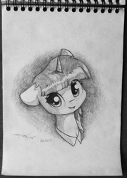 Size: 1384x1944 | Tagged: safe, artist:freeedon, oc, oc only, oc:arcadia, pony, unicorn, bust, grayscale, irl, looking at you, monochrome, open mouth, photo, portrait, sketch, solo, traditional art