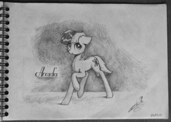 Size: 1926x1374 | Tagged: safe, artist:freeedon, oc, oc only, oc:arcadia, pony, unicorn, grayscale, looking at you, monochrome, raised hoof, solo, traditional art