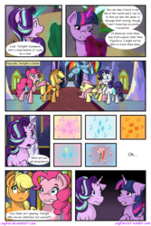 Size: 1024x1536 | Tagged: safe, artist:yogfan, applejack, fluttershy, pinkie pie, rainbow dash, rarity, starlight glimmer, twilight sparkle, alicorn, earth pony, pegasus, pony, unicorn, comic:but i do now, g4, booty call, cloak, clothes, comic, female, glowing cutie mark, glowing horn, horn, magic, mane six, mare, twilight sparkle (alicorn)