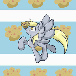 Size: 1024x1024 | Tagged: safe, artist:yoshimarsart, derpy hooves, pegasus, pony, g4, abstract background, balancing, cute, derpabetes, eyes on the prize, female, food, looking up, mare, muffin, ponies balancing stuff on their nose, raised hoof, raised leg, solo, spread wings, watermark, wings