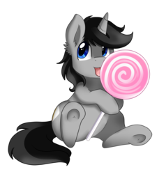 Size: 1979x2083 | Tagged: safe, artist:pridark, oc, oc only, oc:greyline, pony, candy, commission, cute, food, licking, lollipop, simple background, sitting, solo, tongue out, transparent background, underhoof