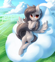 Size: 1059x1200 | Tagged: safe, artist:tomatocoup, oc, oc only, oc:santanna, pegasus, pony, cheek fluff, cloud, day, ear fluff, eyebrows, female, hug, looking at you, lying down, mare, on a cloud, on back, outdoors, sky, smiling, smiling at you, solo, spread wings, tail hug, unshorn fetlocks