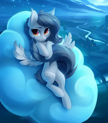 Size: 1059x1200 | Tagged: safe, artist:tomatocoup, oc, oc only, oc:santanna, pegasus, pony, cheek fluff, cloud, ear fluff, eyebrows, female, hug, looking at you, lying down, mare, moon, moonlight, night, on a cloud, on back, outdoors, river, sky, smiling, smiling at you, solo, spread wings, tail hug, unshorn fetlocks