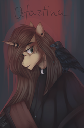 Size: 2193x3327 | Tagged: safe, artist:orfartina, oc, oc only, oc:orfartina, bird, crow, pony, unicorn, clothes, female, high res, mare, solo