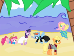 Size: 612x460 | Tagged: artist needed, safe, applejack, fluttershy, pinkie pie, rainbow dash, twilight sparkle, g4, beach, clothes, promise (audio drama), water