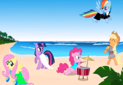 Size: 678x473 | Tagged: artist needed, safe, applejack, fluttershy, pinkie pie, rainbow dash, twilight sparkle, g4, clothes, drums, musical instrument, promise (audio drama)